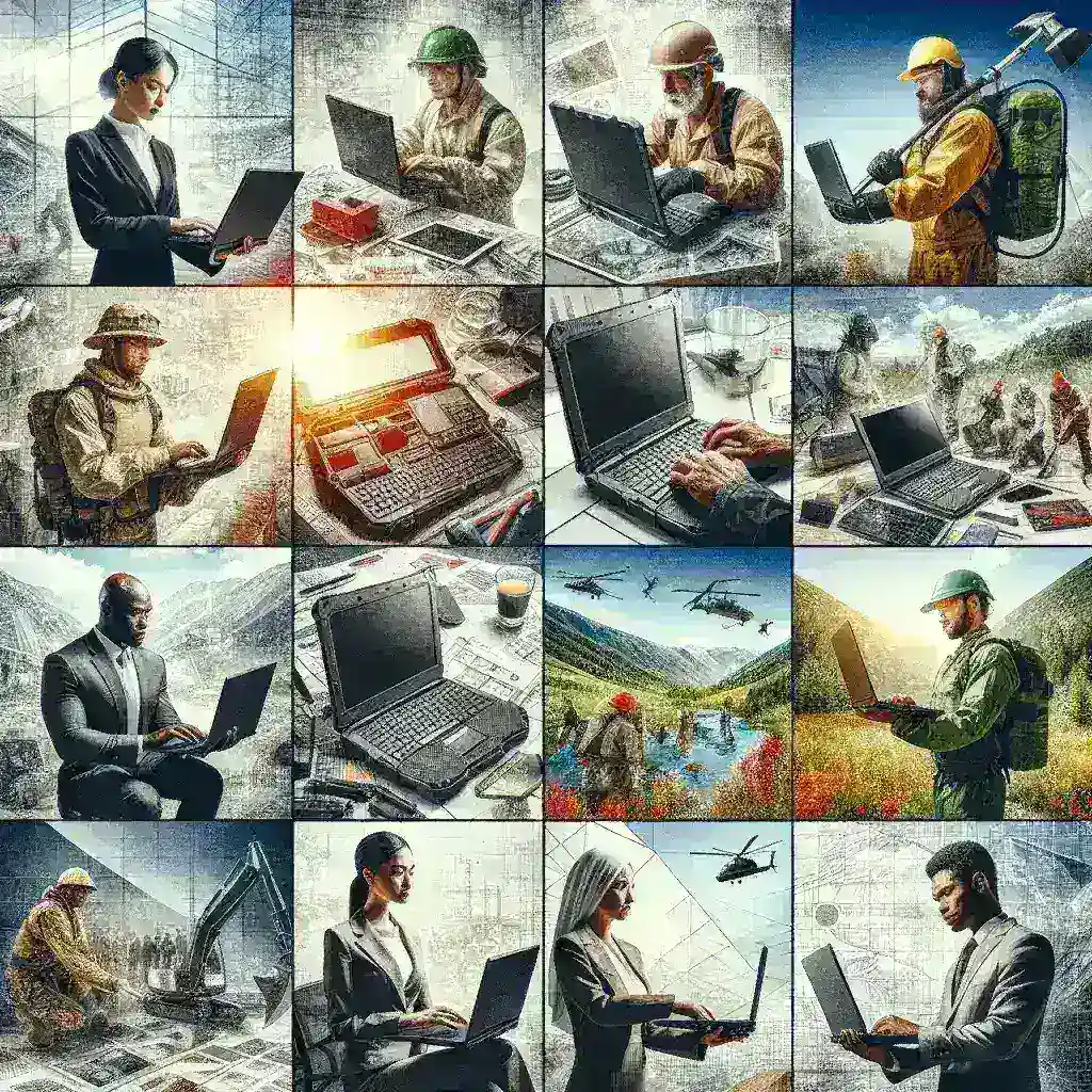 "Business laptop featuring military-grade durability, designed for field workers, showcasing robust construction and versatile design in a rugged outdoor setting."
